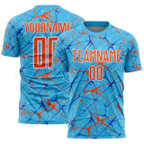 Custom Sky Blue Orange-White Abstract Network Crackle Sublimation Soccer Uniform Jersey