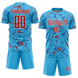 Custom Sky Blue Red-White Abstract Network Crackle Sublimation Soccer Uniform Jersey