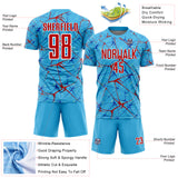 Custom Sky Blue Red-White Abstract Network Crackle Sublimation Soccer Uniform Jersey