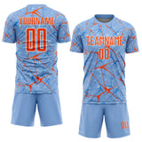 Custom Light Blue Orange-White Abstract Network Crackle Sublimation Soccer Uniform Jersey