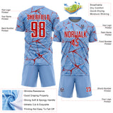 Custom Light Blue Red-White Abstract Network Crackle Sublimation Soccer Uniform Jersey
