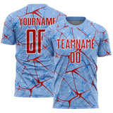 Custom Light Blue Red-White Abstract Network Crackle Sublimation Soccer Uniform Jersey