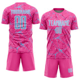 Custom Pink Light Blue-White Abstract Network Crackle Sublimation Soccer Uniform Jersey