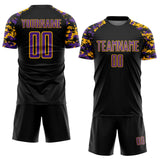 Custom Black Purple-Gold Digital Camo Raglan Sleeves Sublimation Soccer Uniform Jersey