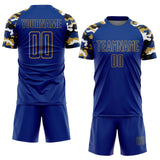 Custom Royal Old Gold Black-White Digital Camo Raglan Sleeves Sublimation Soccer Uniform Jersey