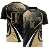 Custom Black Vegas Gold-White Halftone Dot Dynamic Curve Stripe Sublimation Soccer Uniform Jersey