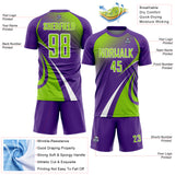 Custom Purple Neon Green-White Halftone Dot Dynamic Curve Stripe Sublimation Soccer Uniform Jersey