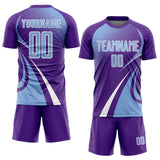 Custom Purple Light Blue-White Halftone Dot Dynamic Curve Stripe Sublimation Soccer Uniform Jersey
