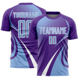 Custom Purple Light Blue-White Halftone Dot Dynamic Curve Stripe Sublimation Soccer Uniform Jersey
