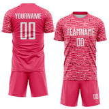Custom Neon Pink-White Distressed Fragment Brush Stroke Sublimation Soccer Uniform Jersey