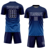 Custom Navy Powder Blue-White Geometric Wave Gradient Sublimation Soccer Uniform Jersey