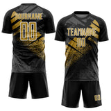 Custom Black Old Gold-White Grunge Splatter Brush Stroke Sublimation Soccer Uniform Jersey