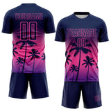 Custom Navy Pink-Purple Tropical Hawaii Palm Trees Gradient Sublimation Soccer Uniform Jersey