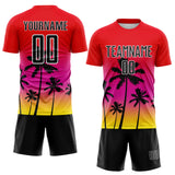 Custom Fire Red Black Deep Pink Light Yellow-White Tropical Hawaii Palm Trees Gradient Sublimation Soccer Uniform Jersey
