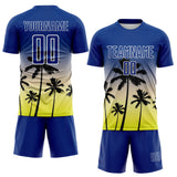 Custom Royal Cream Neon Yellow-White Tropical Hawaii Palm Trees Gradient Sublimation Soccer Uniform Jersey