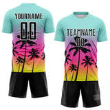 Custom Ice Blue Black Pink Neon Yellow-White Tropical Hawaii Palm Trees Gradient Sublimation Soccer Uniform Jersey