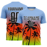 Custom Light Blue Black Orange Neon Green-White Tropical Hawaii Palm Trees Gradient Sublimation Soccer Uniform Jersey
