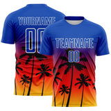 Custom Thunder Blue Fire Red Yellow-White Tropical Hawaii Palm Trees Gradient Sublimation Soccer Uniform Jersey
