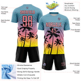 Custom Shadow Blue Medium Pink Light Yellow-Black Tropical Hawaii Palm Trees Gradient Sublimation Soccer Uniform Jersey