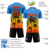 Custom Powder Blue Orange Gold-Black Tropical Hawaii Palm Trees Gradient Sublimation Soccer Uniform Jersey