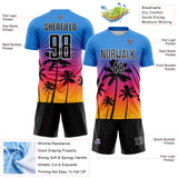 Custom Powder Blue Black Neon Pink Gold-White Tropical Hawaii Palm Trees Gradient Sublimation Soccer Uniform Jersey