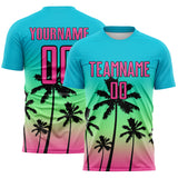 Custom Lakes Blue Pink Pea Green-Black Tropical Hawaii Palm Trees Gradient Sublimation Soccer Uniform Jersey