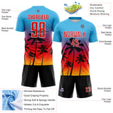 Custom Sky Blue Fire Red Gold White-Black Tropical Hawaii Palm Trees Gradient Sublimation Soccer Uniform Jersey