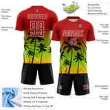 Custom Red Neon Green Gold White-Black Tropical Hawaii Palm Trees Gradient Sublimation Soccer Uniform Jersey