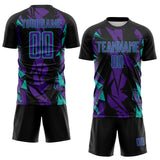 Custom Black Purple-Aqua Geometric Shard Grunge Splash Sublimation Soccer Uniform Jersey