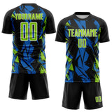 Custom Black Neon Green Blue-White Geometric Shard Grunge Splash Sublimation Soccer Uniform Jersey
