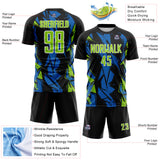 Custom Black Neon Green Blue-White Geometric Shard Grunge Splash Sublimation Soccer Uniform Jersey
