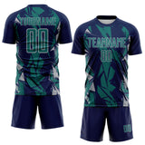 Custom Navy Teal-Gray Geometric Shard Grunge Splash Sublimation Soccer Uniform Jersey