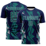 Custom Navy Teal-Gray Geometric Shard Grunge Splash Sublimation Soccer Uniform Jersey