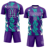 Custom Purple Aqua-White Geometric Shard Grunge Splash Sublimation Soccer Uniform Jersey
