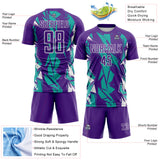 Custom Purple Aqua-White Geometric Shard Grunge Splash Sublimation Soccer Uniform Jersey