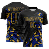 Custom Black Royal-Old Gold Geometric Grid Gradient Sublimation Soccer Uniform Jersey