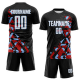 Custom Black White Red-Light Blue Geometric Grid Gradient Sublimation Soccer Uniform Jersey