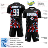 Custom Black White Red-Light Blue Geometric Grid Gradient Sublimation Soccer Uniform Jersey