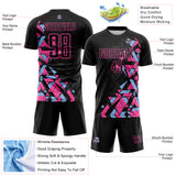 Custom Black Pink-Light Blue Geometric Grid Gradient Sublimation Soccer Uniform Jersey