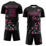 Custom Black Kelly Green-Pink Geometric Grid Gradient Sublimation Soccer Uniform Jersey