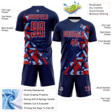 Custom Navy Red US Navy Blue-Light Blue Geometric Grid Gradient Sublimation Soccer Uniform Jersey