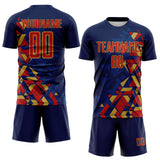 Custom Navy Red US Navy Blue-Old Gold Geometric Grid Gradient Sublimation Soccer Uniform Jersey