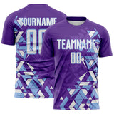 Custom Purple White-Light Blue Geometric Grid Gradient Sublimation Soccer Uniform Jersey