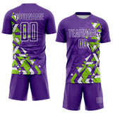 Custom Purple Neon Green-White Geometric Grid Gradient Sublimation Soccer Uniform Jersey