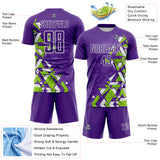 Custom Purple Neon Green-White Geometric Grid Gradient Sublimation Soccer Uniform Jersey