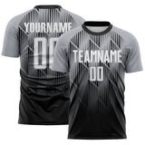 Custom Black White-Gray Spiked Sharp Lines Gradient Sublimation Soccer Uniform Jersey