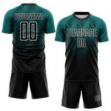 Custom Black Teal-White Spiked Sharp Lines Gradient Sublimation Soccer Uniform Jersey
