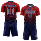 Custom Navy Red-White Spiked Sharp Lines Gradient Sublimation Soccer Uniform Jersey