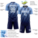 Custom Navy White-Light Blue Spiked Sharp Lines Gradient Sublimation Soccer Uniform Jersey