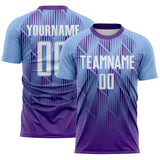 Custom Purple White-Light Blue Spiked Sharp Lines Gradient Sublimation Soccer Uniform Jersey